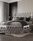 Mirage Chesterfield Round Winged Ambassador Bed Frame, Round thick winged bed, chesterfield bed, upholstered bed, new bed.