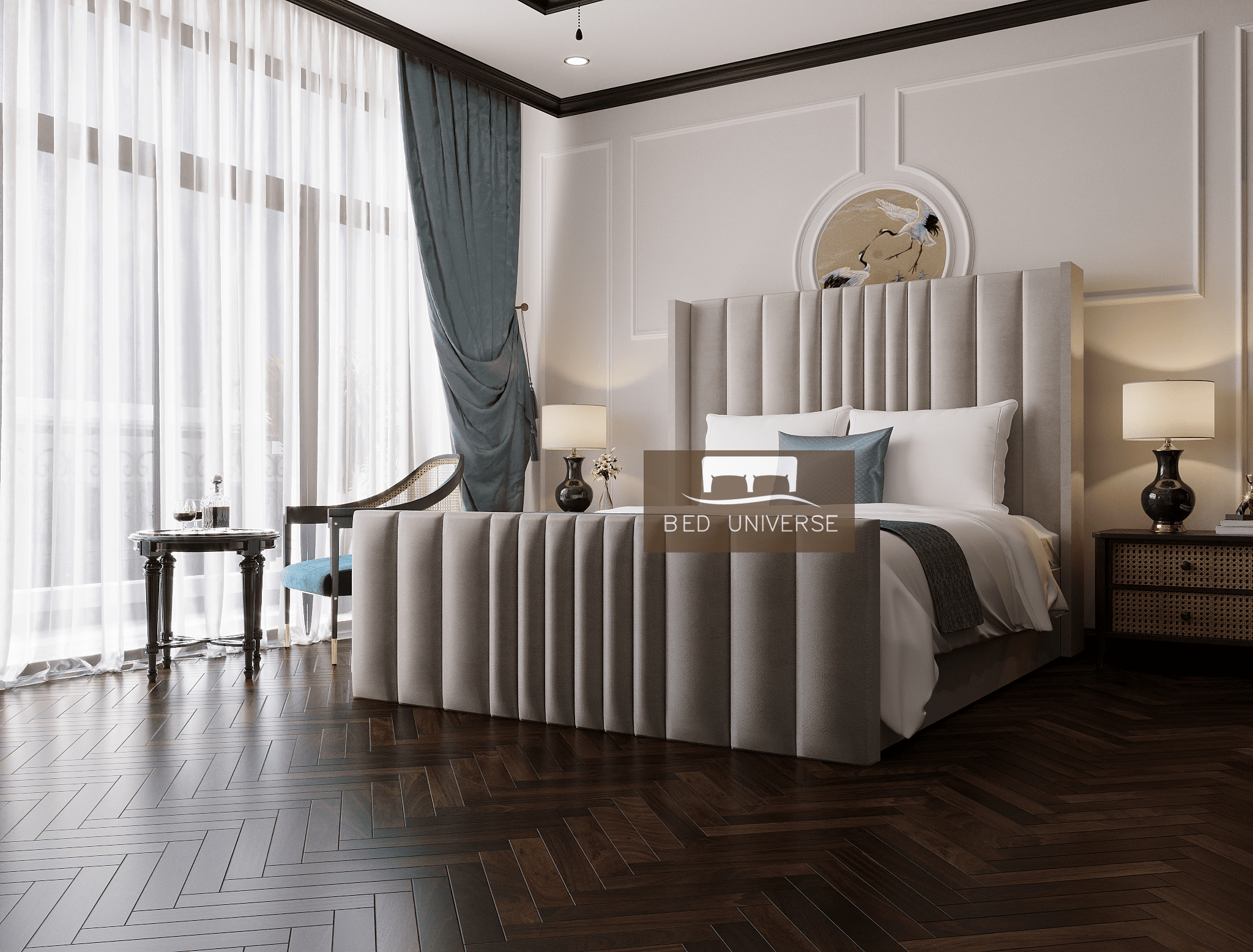 Millhouse Winged Bed Frame, Winged Bed, Stripe Bed, Plush Bed, Wingback Bed, Upholstered Bed