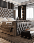 Elle Chesterfield Upholstered Winged Bed Frame, Winged Bed, Chesterfield Bed, Upholstered Bed, Fabric Bed, Grey Bed, Sotrage bed, Gas Lift Bed, Underbed storage