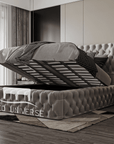Mirage Chesterfield Round Winged Ambassador Bed Frame, Round thick winged bed, chesterfield bed, upholstered bed, new bed.