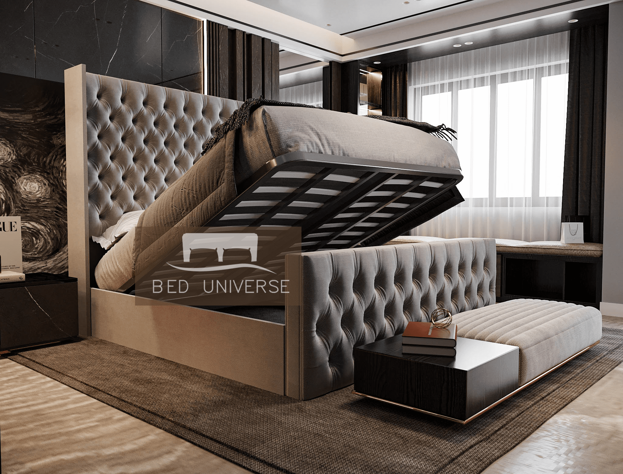 Elle Chesterfield Upholstered Winged Bed Frame, Winged Bed, Chesterfield Bed, Upholstered Bed, Fabric Bed, Grey Bed, Sotrage bed, Gas Lift Bed, Underbed storage