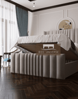 Millhouse Winged Bed Frame, Winged Bed, Stripe Bed, Plush Bed, Wingback Bed, Upholstered Bed