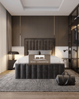 Palazzo Stripe Panel Upholstered Fabric Bed Frame, Winged Bed, Chsterfield bed, Fabric Bed, New Bed, Lines Bed, Panel Bed