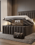 Palazzo Stripe Panel Upholstered Fabric Bed Frame, Winged Bed, Chsterfield bed, Fabric Bed, New Bed, Lines Bed, Panel Bed