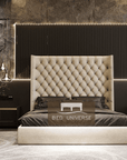 Winged Bed, Wing back bed, Cream Bed, Chesterfield Bed, Upholstered Bed, Fabric Bed, New Bed
