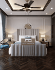 Millhouse Winged Bed Frame, Winged Bed, Stripe Bed, Plush Bed, Wingback Bed, Upholstered Bed