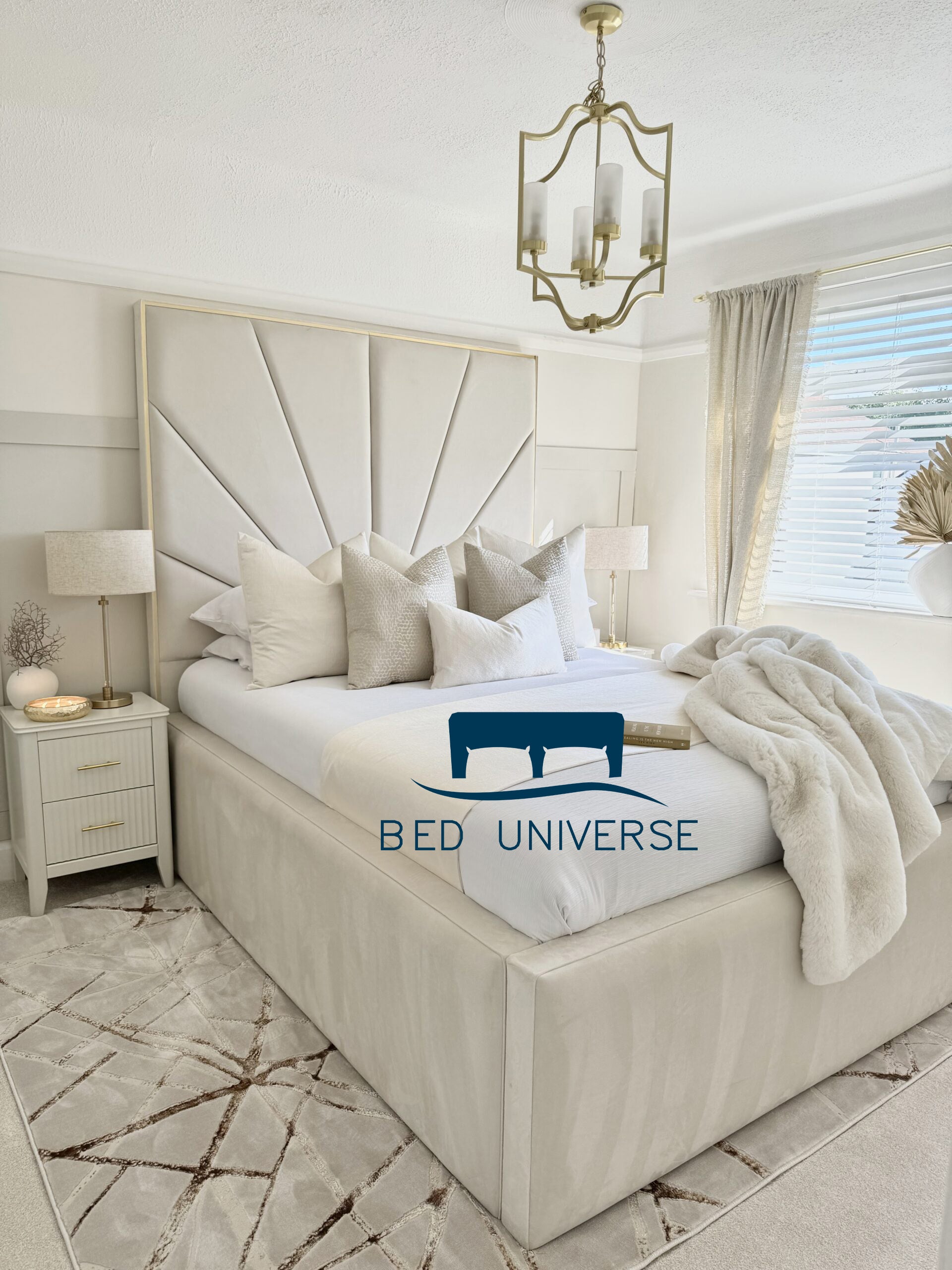 Sunburst Deluxe Tall Headboard Gold Strip Border Bed Frame