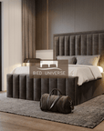 Palazzo Stripe Panel Upholstered Fabric Bed Frame, Winged Bed, Chsterfield bed, Fabric Bed, New Bed, Lines Bed, Panel Bed