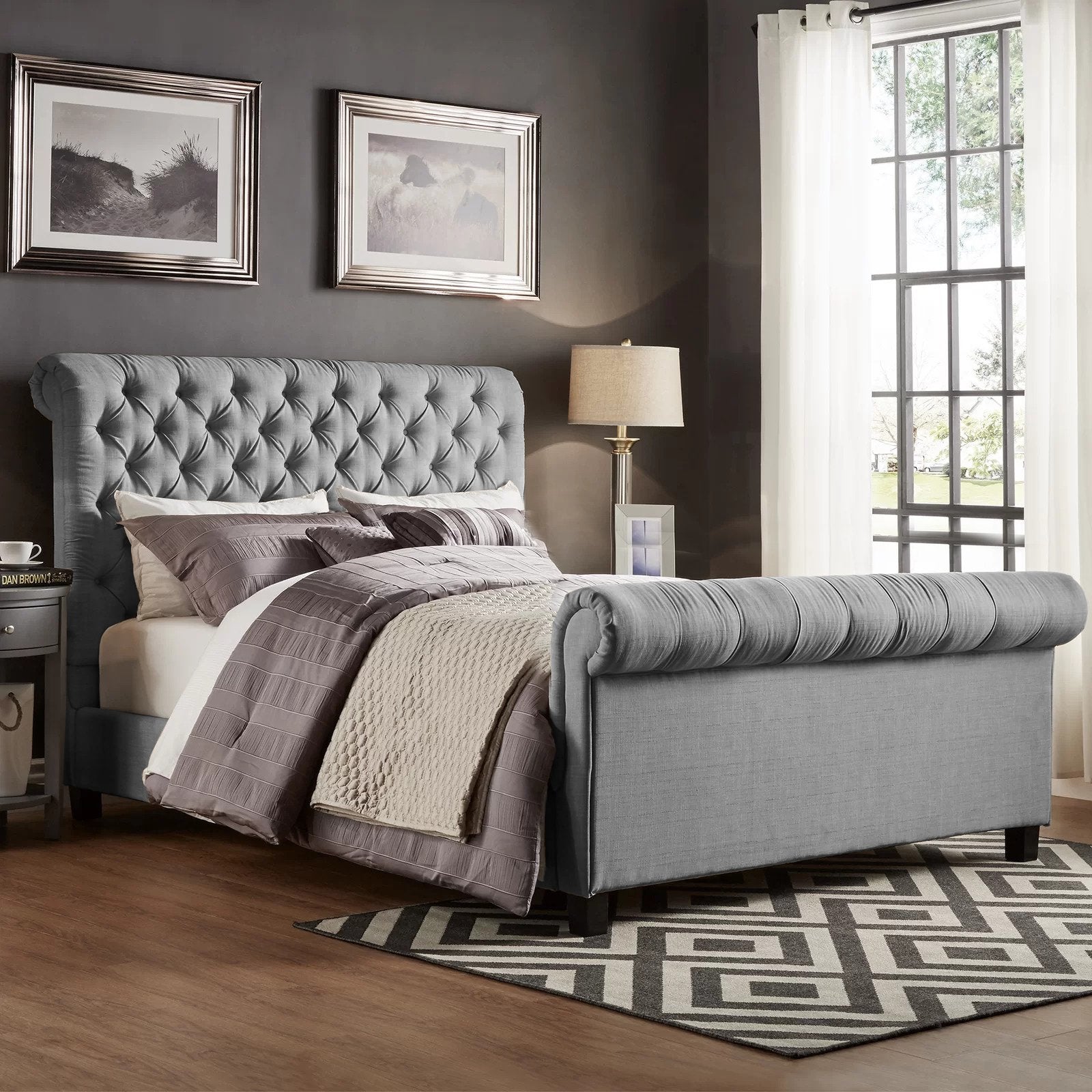 Plano Soft Grey Naple Chesterfield Sleigh Bed Frame