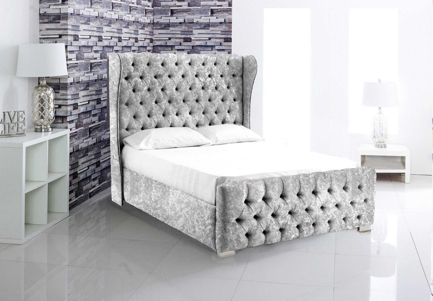 Deneres Crushed Silver Velvet Winged Designer End Bed