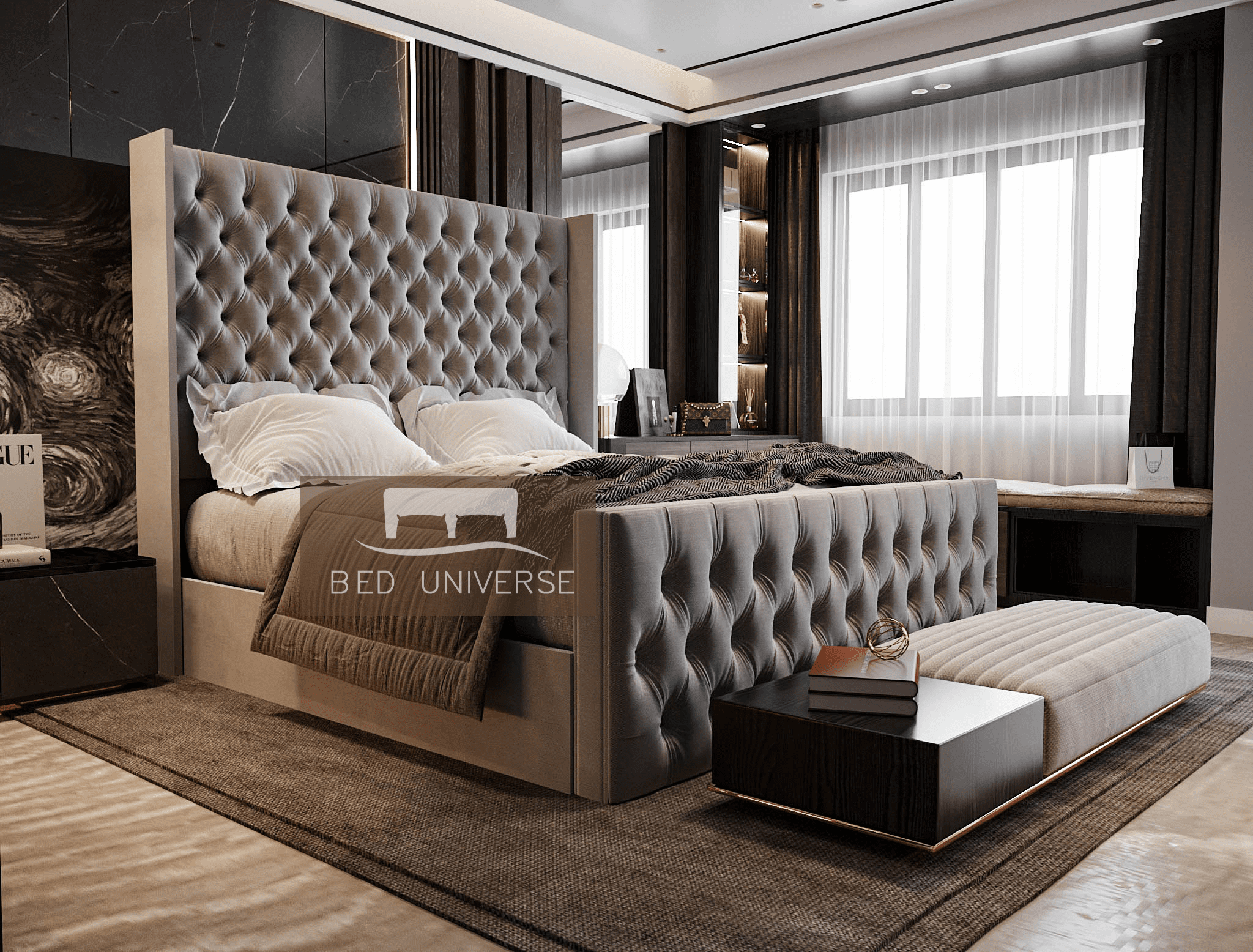 Elle Chesterfield Upholstered Winged Bed Frame, Winged Bed, Chesterfield Bed, Upholstered Bed, Fabric Bed, Grey Bed, Sotrage bed, Gas Lift Bed, Underbed storage