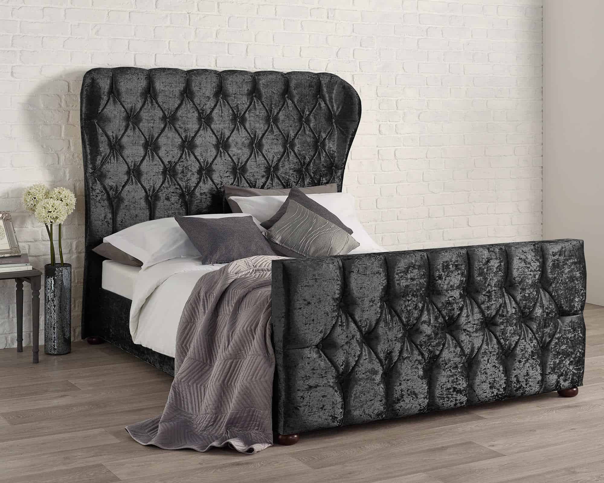 Sevina Winged Black Crushed Velvet Designer End Bed