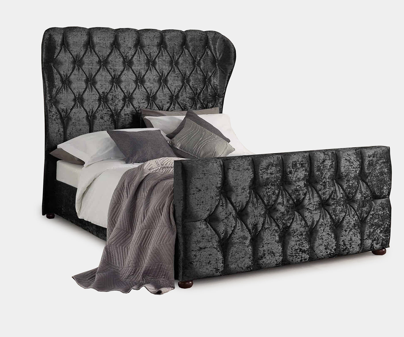 Sevina Winged Black Crushed Velvet Designer End Bed