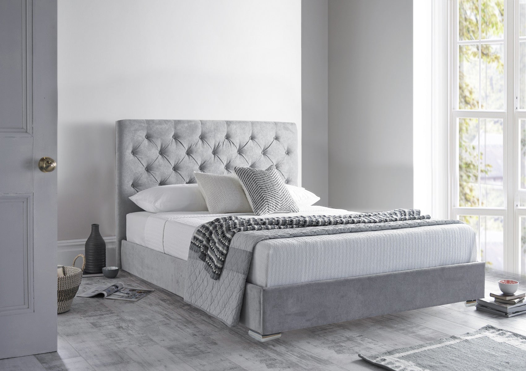 Eliza Silver Naple Soft Velvet Bed Frame