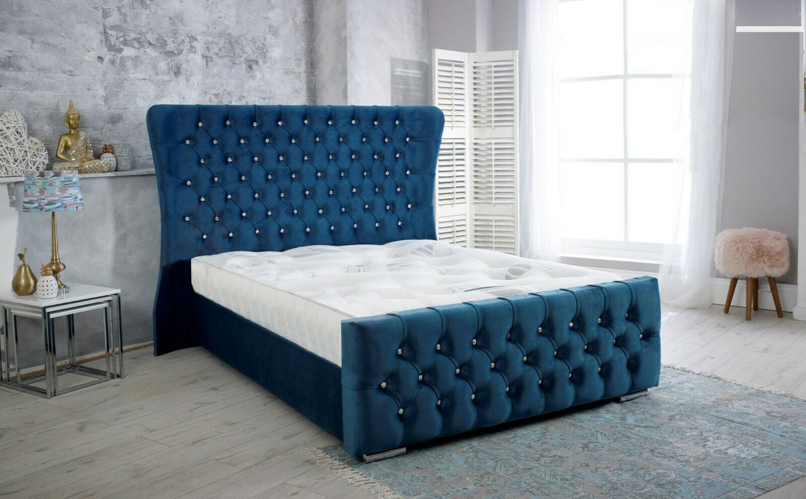 Felisa Blue Plush Fabric Wing back Bed Frame