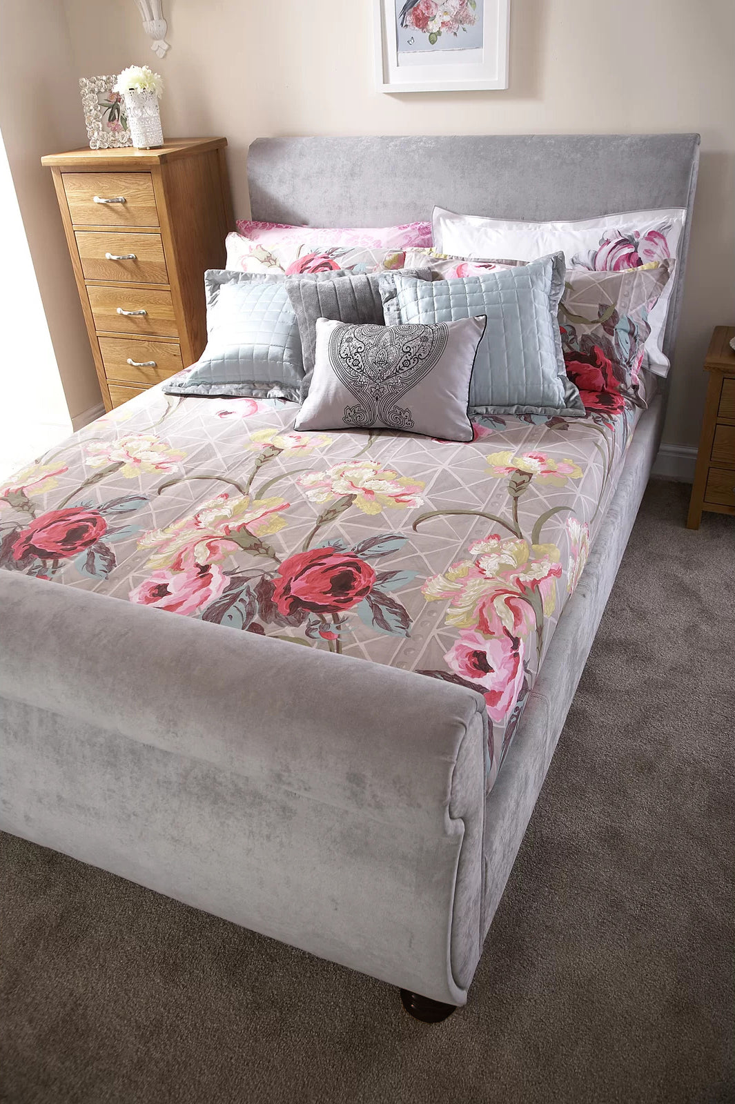 Doriya Plain Swan Sleigh Chesterfield Bed Frame