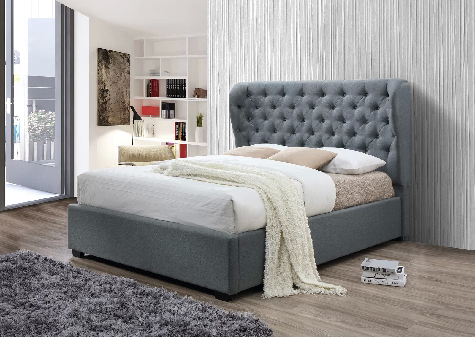 Nirvada Grey Fabric Winged Bed