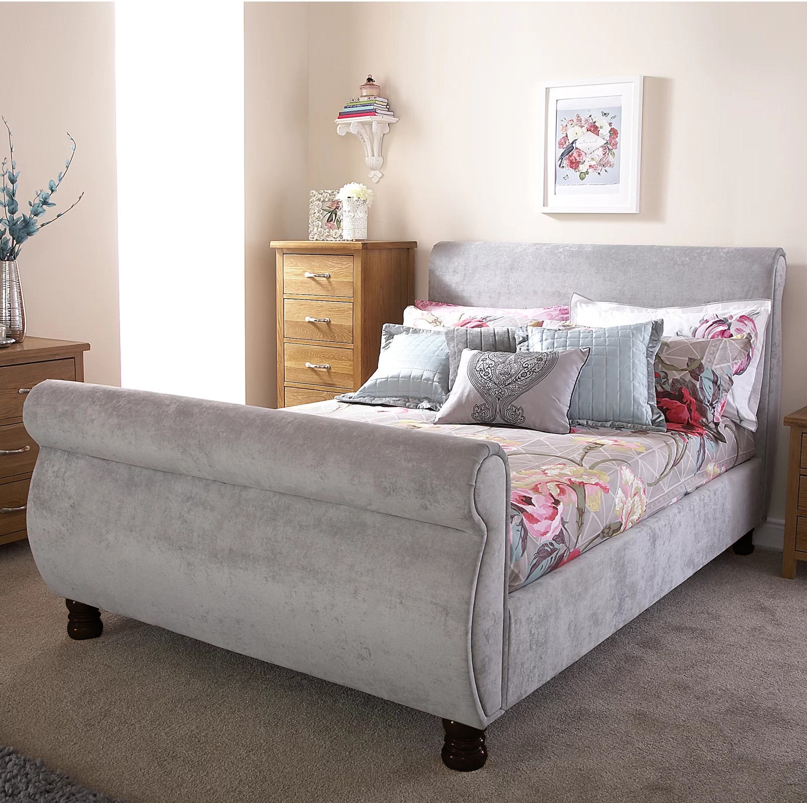 Doriya Plain Swan Sleigh Chesterfield Bed Frame